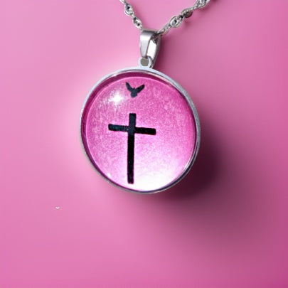 CROSS AND DOVE-PINK-LARGE PENDANT