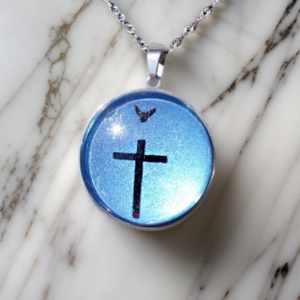 CROSS AND DOVE-LIGHT BLUE-LARGE PENDANT