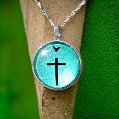 CROSS AND DOVE-GREEN-LARGE PENDANT