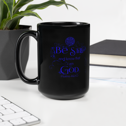 BE STILL-DARK BLUE-15oz Black Glossy Mug