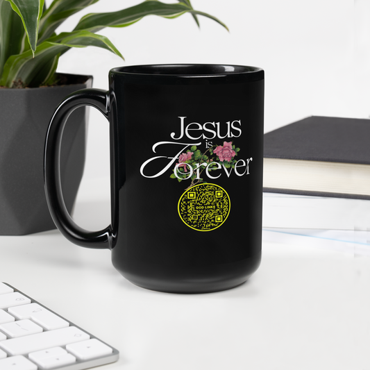 JESUS IS FOREVER-YELLOW-15oz Black Glossy Mug