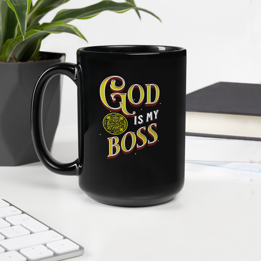GOD IS MY BOSS-YELLOW-15oz Black Glossy Mug