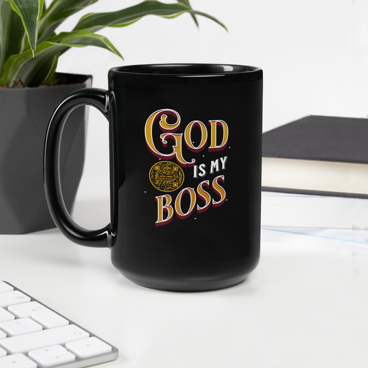 GOD IS MY BOSS-ORANGE-15oz Black Glossy Mug
