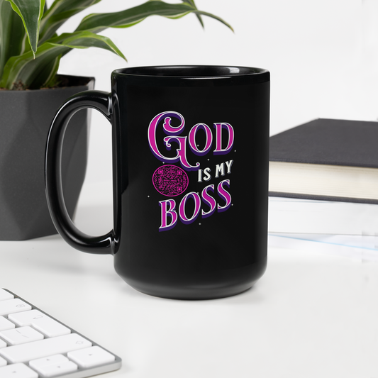 GOD IS MY BOSS-PINK-15oz Black Glossy Mug