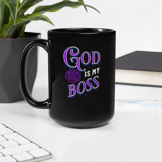 GOD IS MY BOSS-PURPLE-15oz Black Glossy Mug