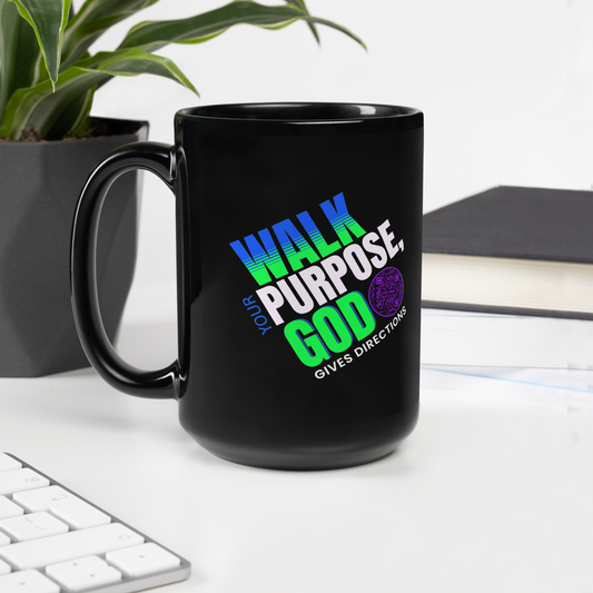 WALK YOUR PURPOSE-PURPLE-15oz Black Glossy Mug