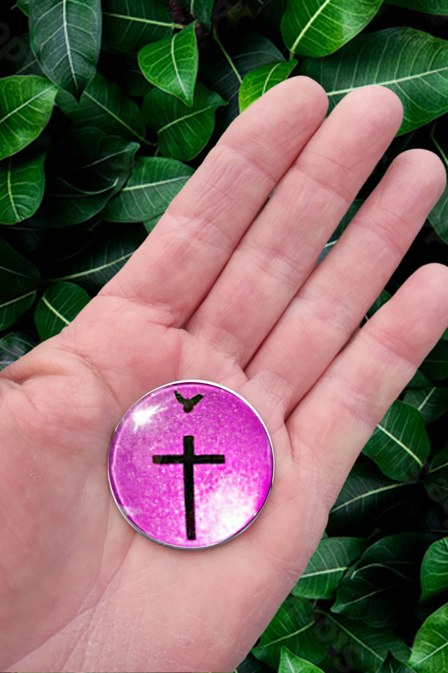 CROSS AND DOVE-PINK-POCKET PEBBLE