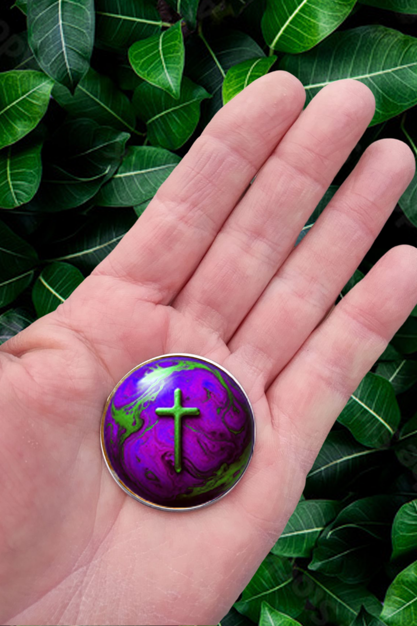 WORLD AND CROSS-PURPLE-POCKET PEBBLE