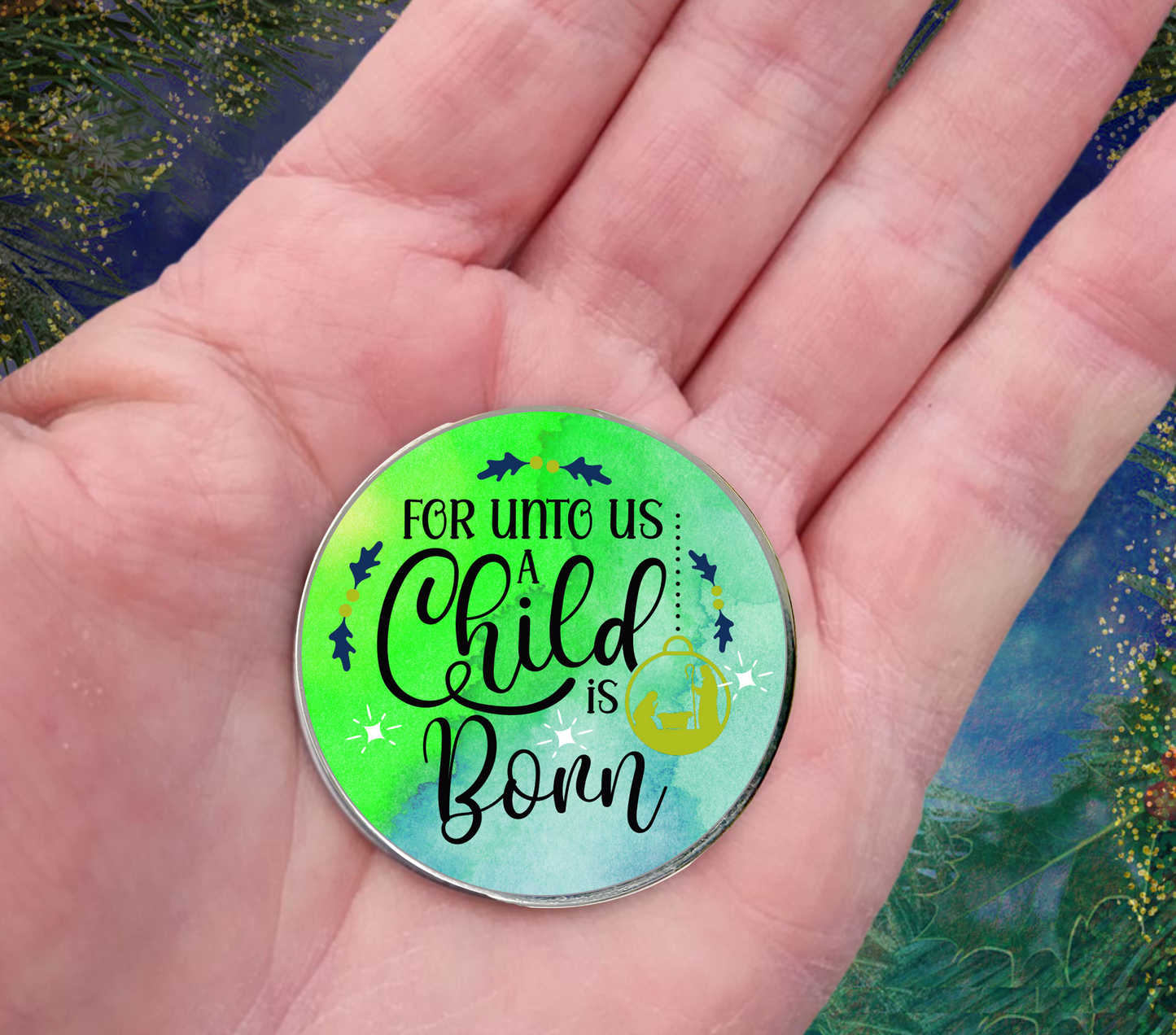 A CHILD IS BORN-GREEN-CHRISTMAS POCKET PEBBLE