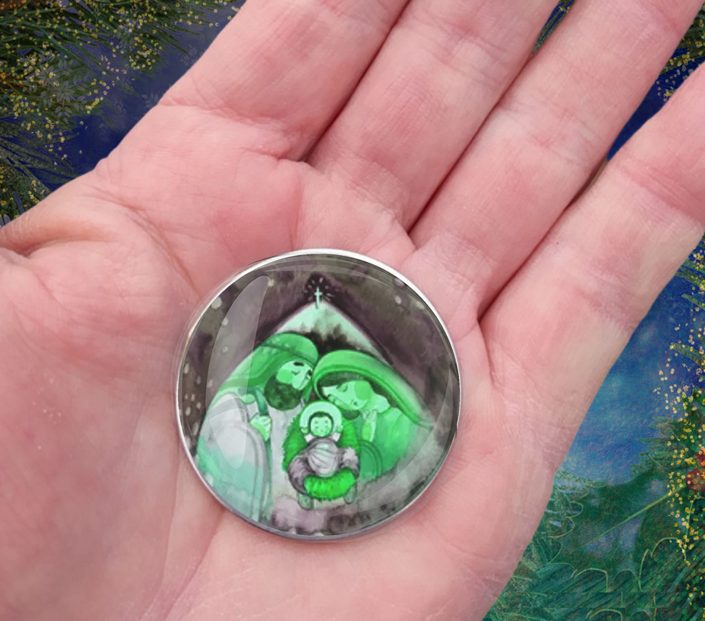 JESUS MARY JOSEPH-GREEN-CHRISTMAS- POCKET PEBBLE