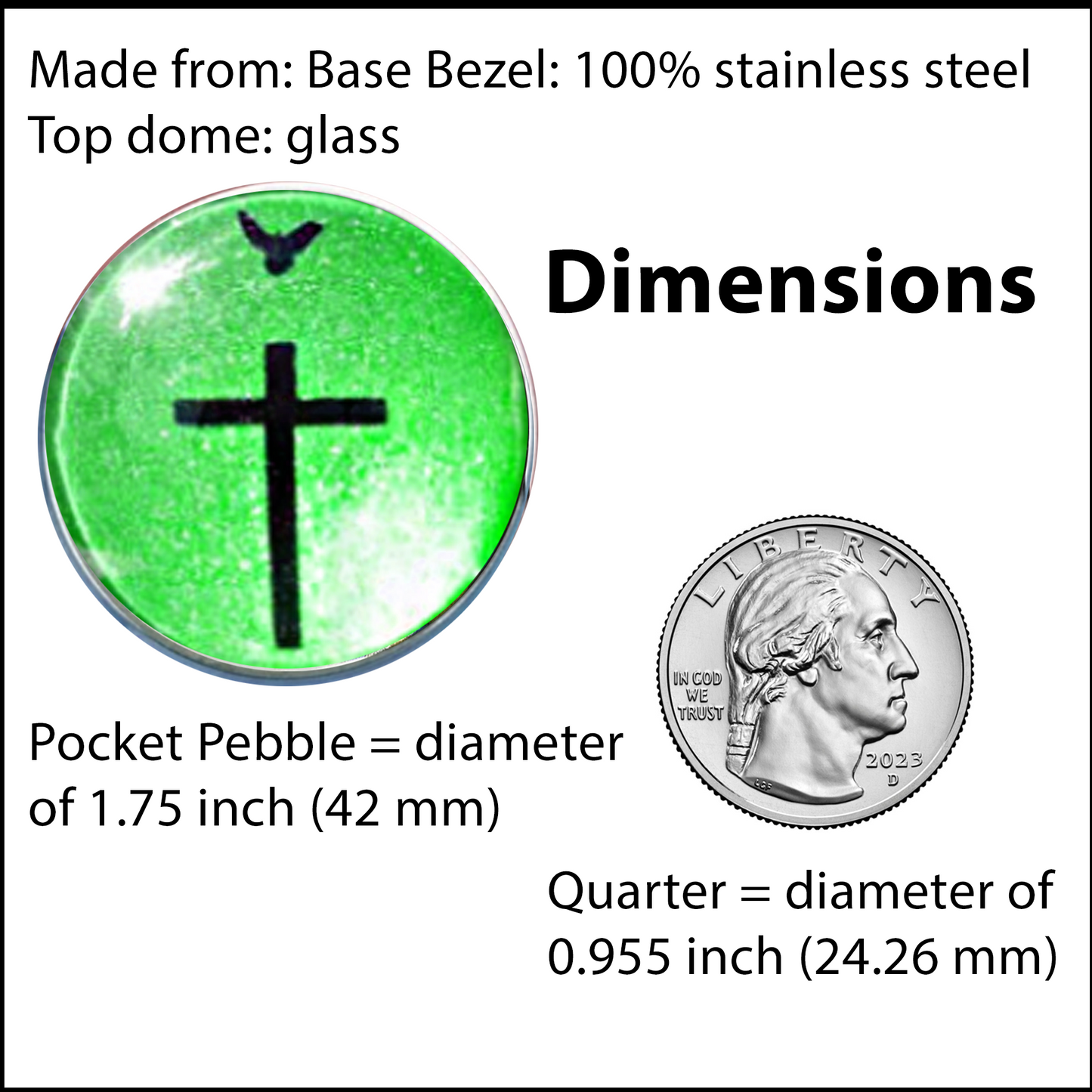 CROSS AND DOVE-GREEN-POCKET PEBBLE