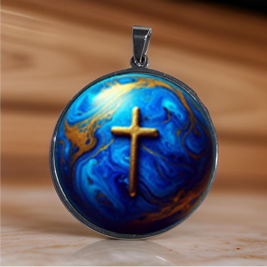 WORLD AND CROSS-BLUE-LARGE PENDANT