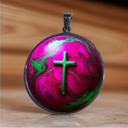 WORLD AND CROSS-PINK-LARGE PENDANT