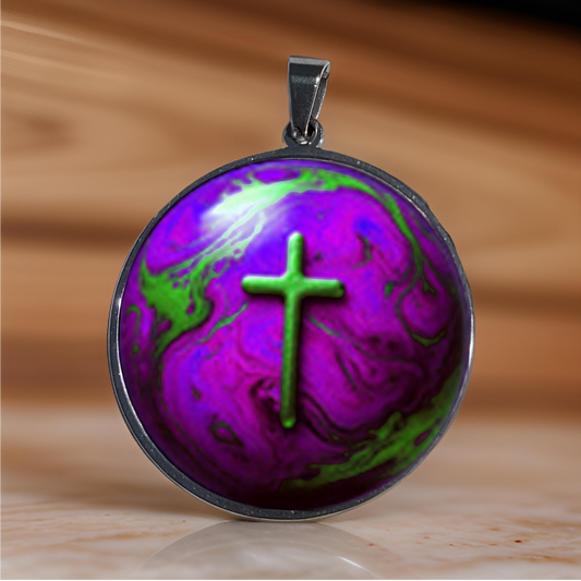 WORLD AND CROSS-PURPLE-LARGE PENDANT