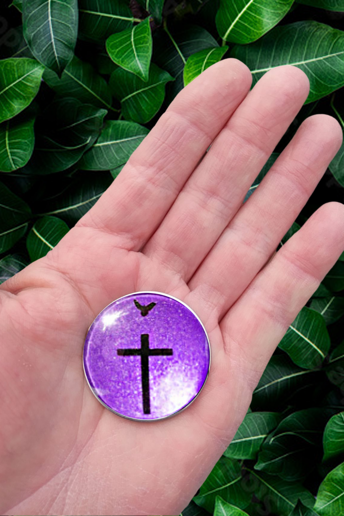 CROSS AND DOVE-PURPLE-POCKET PEBBLE