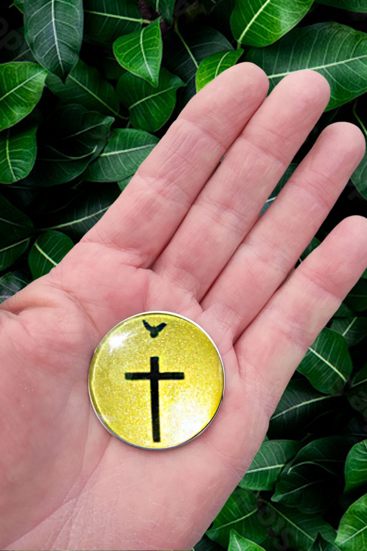 CROSS AND DOVE-YELLOW POCKET PEBBLE