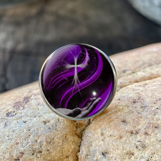 HAND AND CROSS-PURPLE-LAPEL/HAT PIN