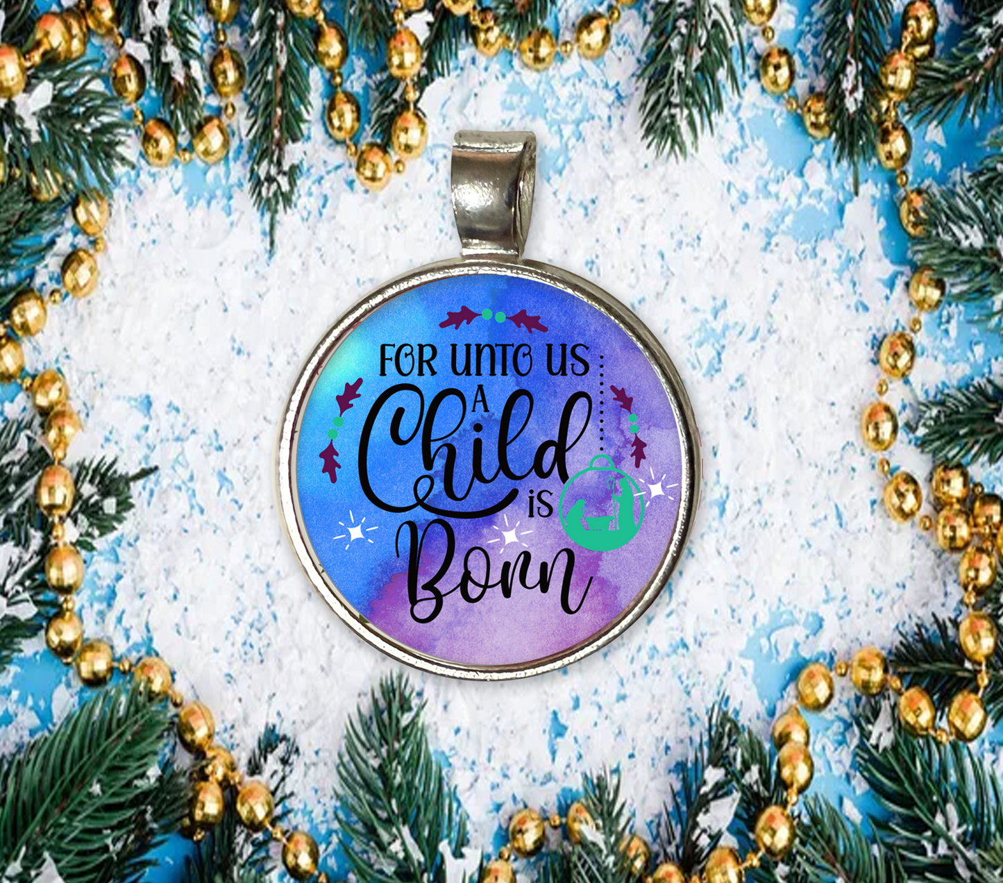 A CHILD IS BORN-BLUE-CHRISTMAS-SM PENDANT
