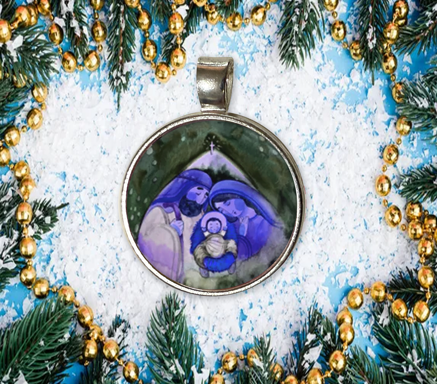 JESUS MARY JOSEPH-BLUE-CHRISTMAS-SM PENDANT