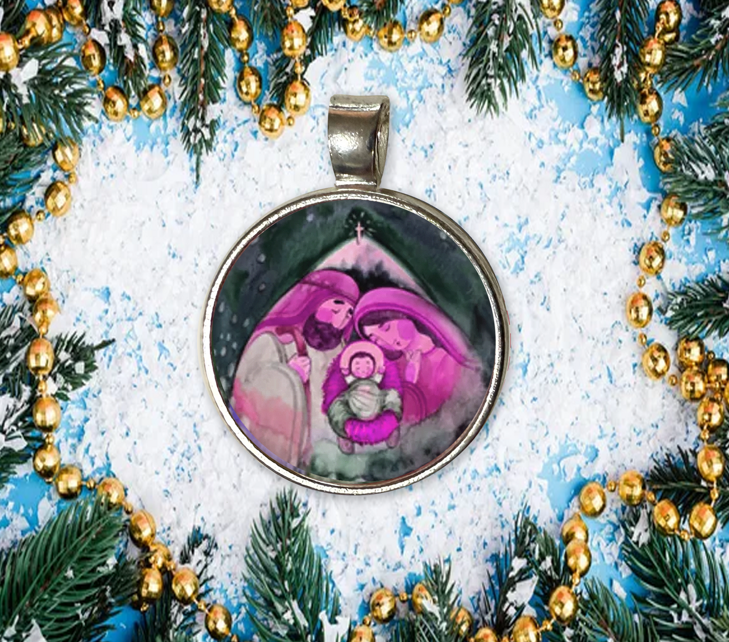 JESUS MARY JOSEPH PINK CHRISTMAS SM PENDANT
