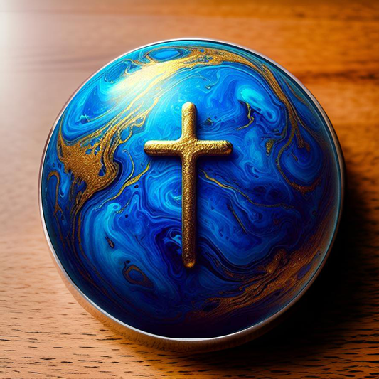 WORLD AND CROSS-BLUE-POCKET PEBBLE