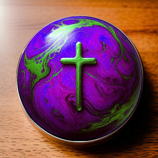 WORLD AND CROSS-PURPLE-POCKET PEBBLE